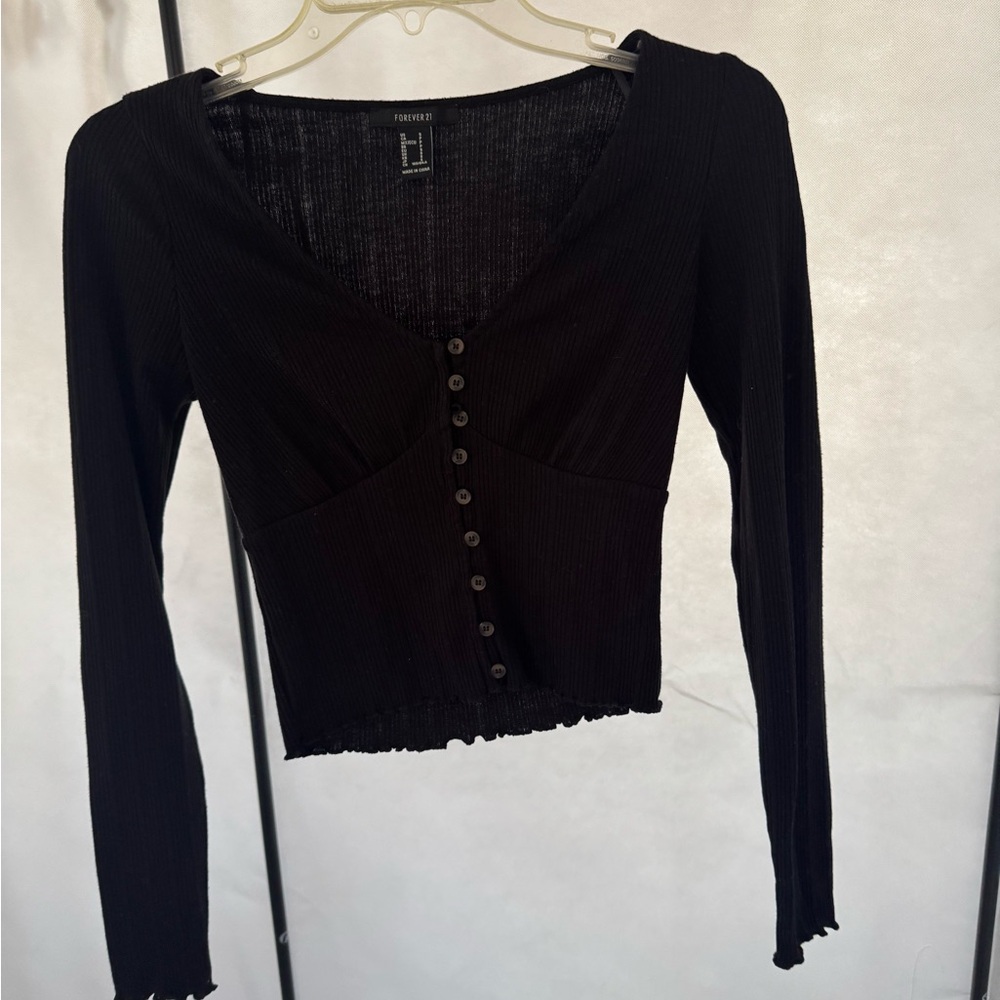 Black Ribbed Button-Front Crop Top